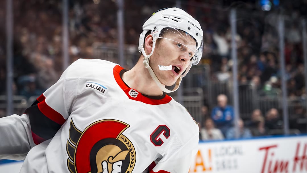 Mar 9, 2026; Vancouver, British Columbia, CAN; Ottawa Senators forward Brady Tkachuk (7) celebrates his goal against the Vancouver Canucks in the third period at Rogers Arena. Mandatory Credit: Bob Frid-Imagn Images