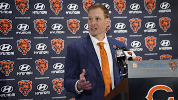 Jan 22, 2025; Lake Forest, IL, USA; Chicago Bears head coach Ben Johnson answers questions during a introductory press conference at PNC Center. Mandatory Credit: David Banks-Imagn Images