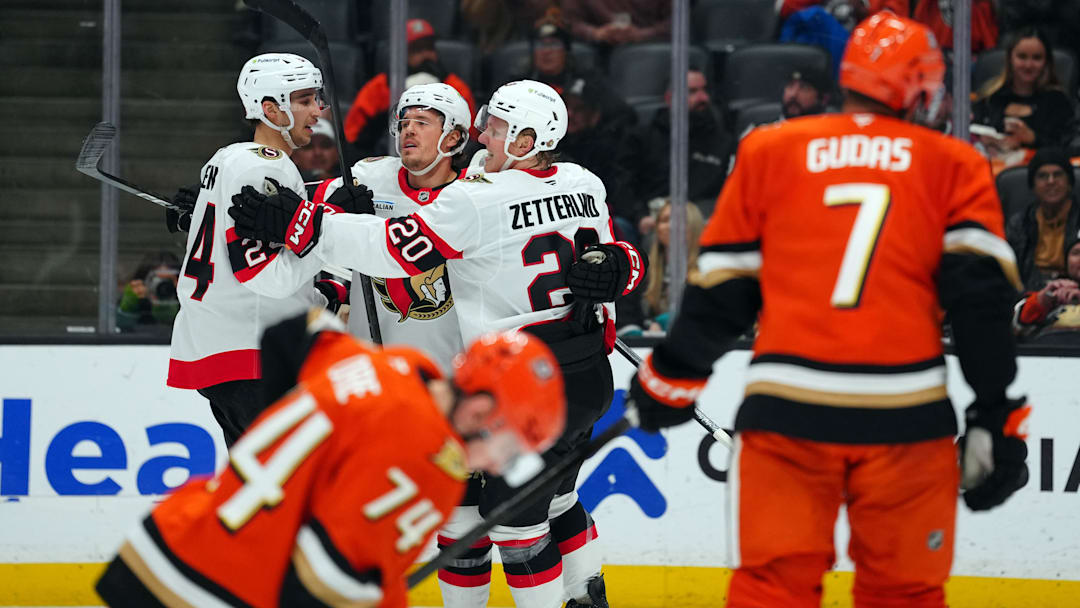 Nov 20, 2025; Anaheim, California, USA; Ottawa Senators center Dylan Cozens (24), defenseman Nick Jensen (3) and left wing Fabian Zetterlund (20) celebrate after a goal Anaheim Ducks in the first period at Honda Center. Mandatory Credit: Kirby Lee-Imagn Images