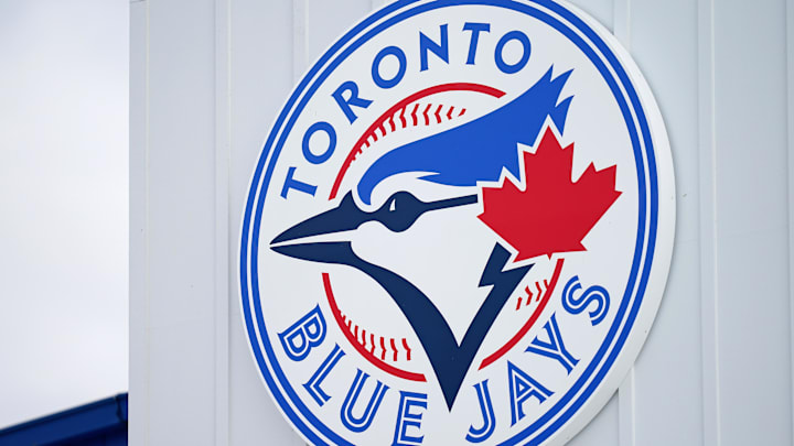 Mar 6, 2021; Dunedin, Florida, USA; A detailed view of the Toronto Blue Jays logo on a building at TD Ballpark during the spring training game between the Toronto Blue Jays and the Philadelphia Phillies. Mandatory Credit: Jasen Vinlove-Imagn Images