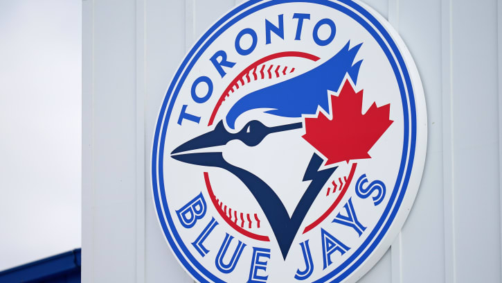 Mar 6, 2021; Dunedin, Florida, USA; A detailed view of the Toronto Blue Jays logo on a building at