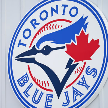 Mar 6, 2021; Dunedin, Florida, USA; A detailed view of the Toronto Blue Jays logo on a building at TD Ballpark during the spring training game between the Toronto Blue Jays and the Philadelphia Phillies. Mandatory Credit: Jasen Vinlove-USA TODAY Sports