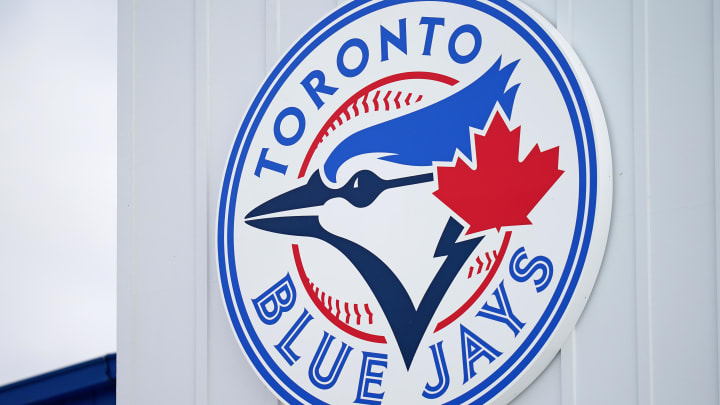 Mar 6, 2021; Dunedin, Florida, USA; A detailed view of the Toronto Blue Jays logo on a building at TD Ballpark during the spring training game between the Toronto Blue Jays and the Philadelphia Phillies. Mandatory Credit: Jasen Vinlove-USA TODAY Sports