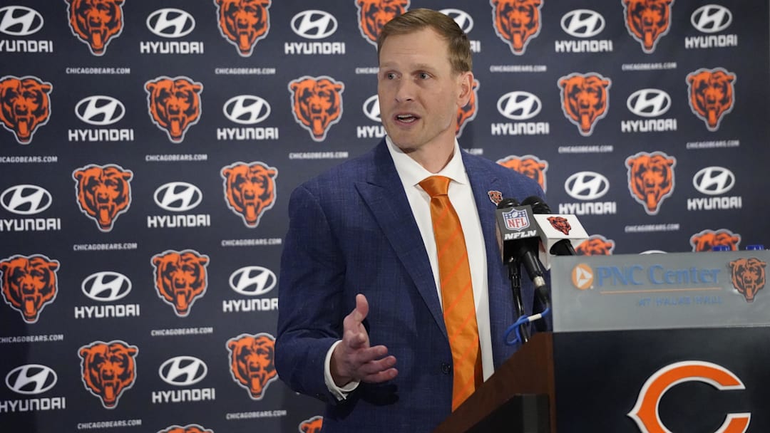 Jan 22, 2025; Lake Forest, IL, USA; Chicago Bears head coach Ben Johnson answers questions during a introductory press conference at PNC Center. Mandatory Credit: David Banks-Imagn Images