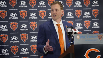 Jan 22, 2025; Lake Forest, IL, USA; Chicago Bears head coach Ben Johnson answers questions during a introductory press conference at PNC Center. Mandatory Credit: David Banks-Imagn Images