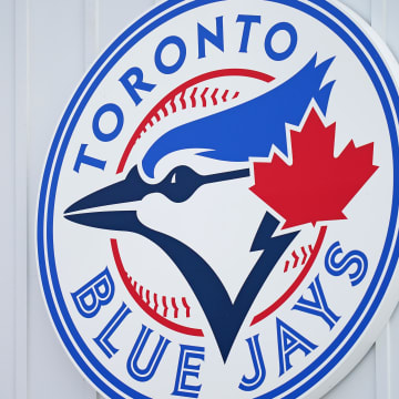 Mar 6, 2021; Dunedin, Florida, USA; A detailed view of the Toronto Blue Jays logo on a building at TD Ballpark during the spring training game between the Toronto Blue Jays and the Philadelphia Phillies. Mandatory Credit: Jasen Vinlove-USA TODAY Sports