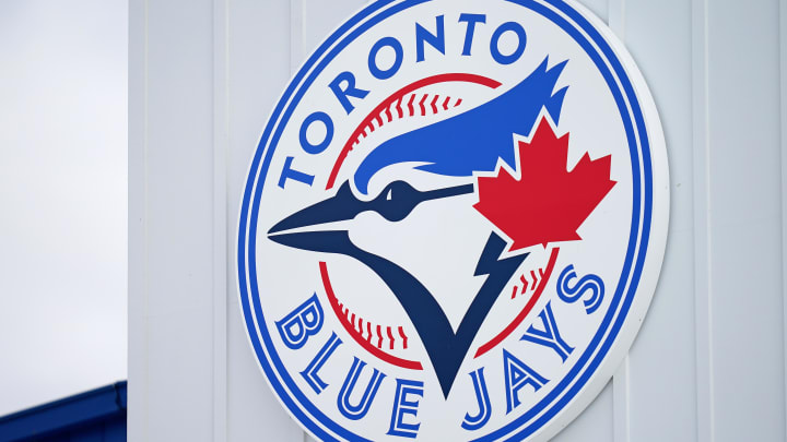 Mar 6, 2021; Dunedin, Florida, USA; A detailed view of the Toronto Blue Jays logo on a building at