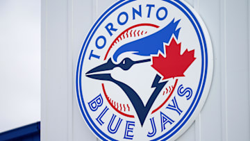 Mar 6, 2021; Dunedin, Florida, USA; A detailed view of the Toronto Blue Jays logo on a building at TD Ballpark during the spring training game between the Toronto Blue Jays and the Philadelphia Phillies. 