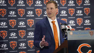 Chicago Bears head coach Ben Johnson answers questions during an introductory press conference at PNC Center.