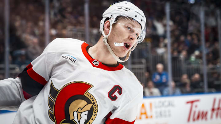 Mar 9, 2026; Vancouver, British Columbia, CAN; Ottawa Senators forward Brady Tkachuk (7) celebrates his goal against the Vancouver Canucks in the third period at Rogers Arena. Mandatory Credit: Bob Frid-Imagn Images