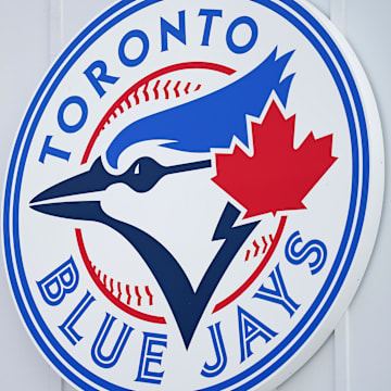 Mar 6, 2021; Dunedin, Florida, USA; A detailed view of the Toronto Blue Jays logo on a building at TD Ballpark during the spring training game between the Toronto Blue Jays and the Philadelphia Phillies. 
