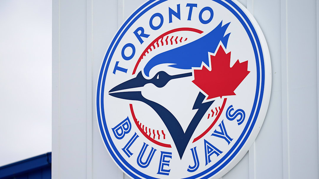 Mar 6, 2021; Dunedin, Florida, USA; A detailed view of the Toronto Blue Jays logo on a building at TD Ballpark during the spring training game between the Toronto Blue Jays and the Philadelphia Phillies. 