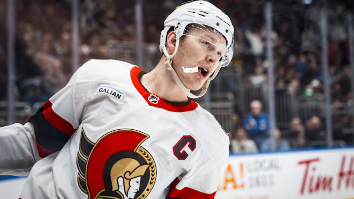 Mar 9, 2026; Vancouver, British Columbia, CAN; Ottawa Senators forward Brady Tkachuk (7) celebrates his goal against the Vancouver Canucks in the third period at Rogers Arena.