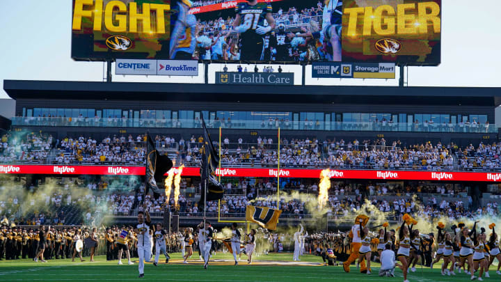 Sep 9, 2023; Columbia, Missouri, USA; A general view of the Missouri Tigers field against the Middle Tennessee Blue Raiders prior to a game at Faurot Field at Memorial Stadium. Mandatory Credit: Denny Medley-USA TODAY Sports