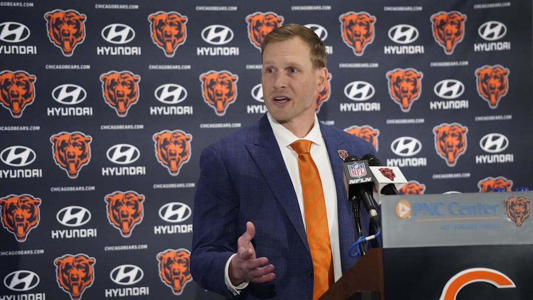 Jan 22, 2025; Lake Forest, IL, USA; Chicago Bears head coach Ben Johnson answers questions during an introductory press conference at PNC Center. Mandatory Credit: David Banks-Imagn Images