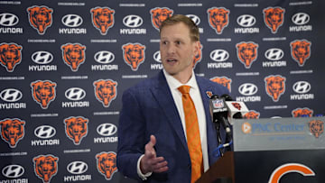 Jan 22, 2025; Lake Forest, IL, USA; Chicago Bears head coach Ben Johnson answers questions during an introductory press conference at PNC Center. Mandatory Credit: David Banks-Imagn Images