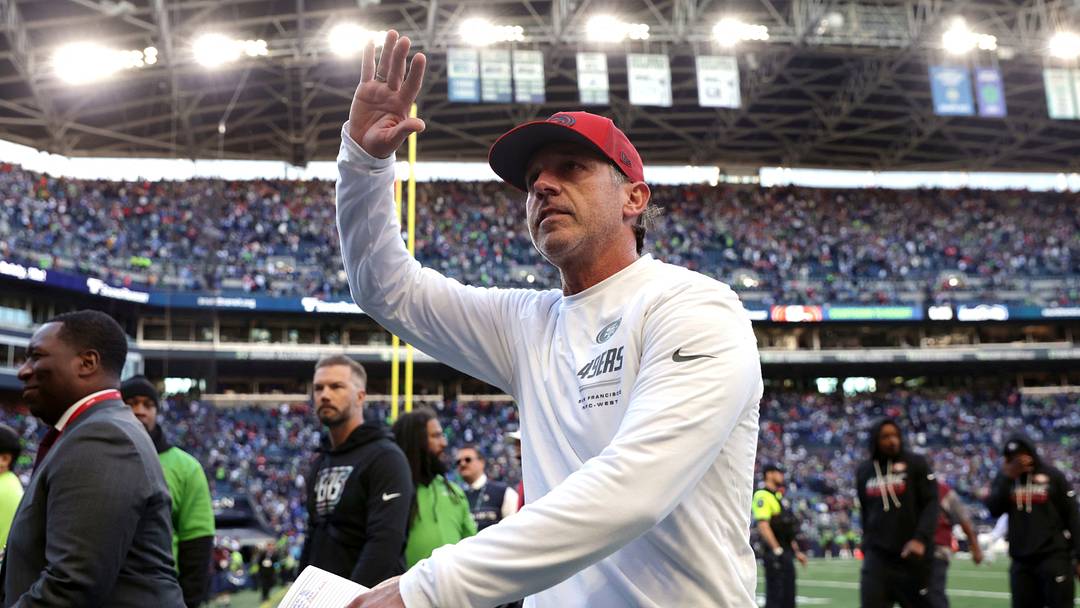 Oct 11, 2026; Seattle, Washington, USA;  San Francisco 49ers head coach Kyle Shanahan acknowledges 49ers fans in the crowd while walking off the field after defeating the Seattle Seahawks at Lumen Field.  Mandatory Credit: Joe Nicholson-Imagn Images