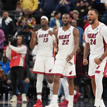Nov 3, 2025; Inglewood, California, USA; Miami Heat guard Norman Powell (24) celebrates at the end of the game against the LA Clippers at Intuit Dome. Mandatory Credit: Kirby Lee-Imagn Images