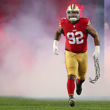 Dec 30, 2024; Santa Clara, California, USA; San Francisco 49ers defensive tackle Jordan Elliott (92) during the game against the Detroit Lions at Levi's Stadium. Mandatory Credit: Sergio Estrada-Imagn Images