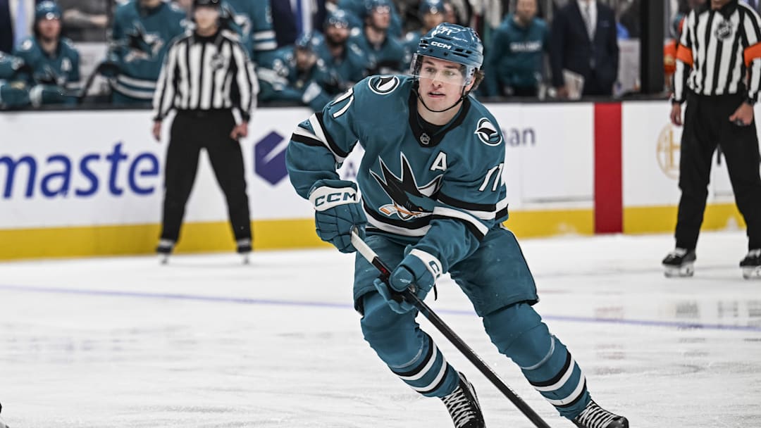 Apr 1, 2026; San Jose, California, USA; San Jose Sharks center Macklin Celebrini (71) controls the puck during the second period against the Anaheim Ducks at SAP Center at San Jose. Mandatory Credit: Justine Willard-Imagn Images