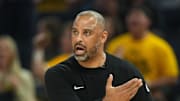 Apr 26, 2025; San Francisco, California, USA; Houston Rockets head coach Ime Udoka yells during the first quarter against the Golden State Warriors during the first quarter of game three of first round for the 2024 NBA Playoffs at Chase Center. Mandatory Credit: Darren Yamashita-Imagn Images