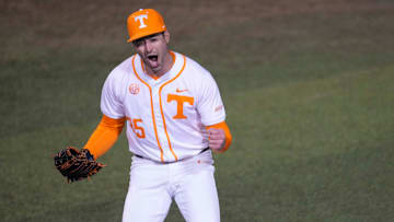 Tennessee pitcher Michael Sharman (35) celebrates Tennessee pitching a no-hitter after a NCAA baseball game between Tennessee and St. Bonaventure at Lindsey Nelson Stadium on Friday, March 6, 2025.
