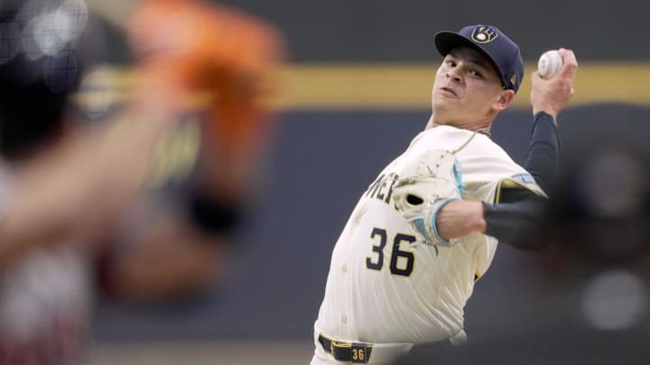 Milwaukee Brewers pitcher Tobias Myers (36) throws during the first inning of their game against the Houston Astros Monday, May 5, 2025 at American Family Field in Milwaukee, Wisconsin.