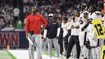 Sep 15, 2024; Houston, Texas, USA; Houston Texans head coach DeMeco Ryans walks the sidelines while coaching against the Chicago Bears in the third quarter at NRG Stadium. Mandatory Credit: Thomas Shea-Imagn Images