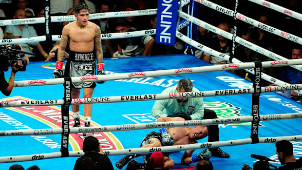 Jesse ‘Bam’ Rodriguez reacts after knocking out Juan Francisco Estrada