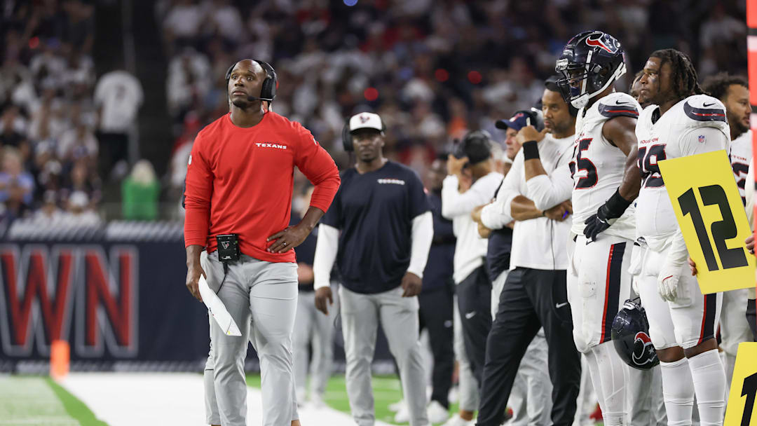 Sep 15, 2024; Houston, Texas, USA; Houston Texans head coach DeMeco Ryans walks the sidelines while coaching against the Chicago Bears in the third quarter at NRG Stadium. Mandatory Credit: Thomas Shea-Imagn Images