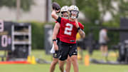 Jun 10, 2025; New Orleans, LA, USA;  New Orleans Saints quarterback Spencer Rattler (2) passes during minicamp at Ochsner Sports Performance Center. Mandatory Credit: Stephen Lew-Imagn Images