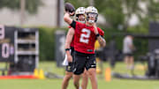 Jun 10, 2025; New Orleans, LA, USA;  New Orleans Saints quarterback Spencer Rattler (2) passes during minicamp at Ochsner Sports Performance Center. Mandatory Credit: Stephen Lew-Imagn Images