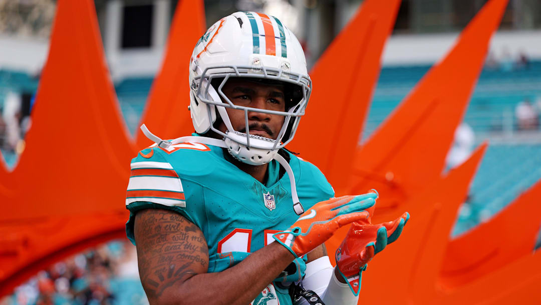 Dec 21, 2025; Miami Gardens, Florida, USA; Miami Dolphins wide receiver Jaylen Waddle (17) reacts during the second quarter against the Cincinnati Bengals at Hard Rock Stadium. Mandatory Credit: Nathan Ray Seebeck-Imagn Images