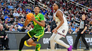 Mar 21, 2024; Pittsburgh, PA, USA; Oregon Ducks forward Kwame Evans Jr. (10) drives to the basket against South Carolina Gamecocks forward Collin Murray-Boyles (30) during the second half in the first round of the 2024 NCAA Tournament at PPG Paints Arena. Mandatory Credit: Gregory Fisher-USA TODAY Sports