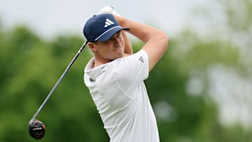 Ludvig Åberg tees off during the opening round of the 2025 Memorial Tournament