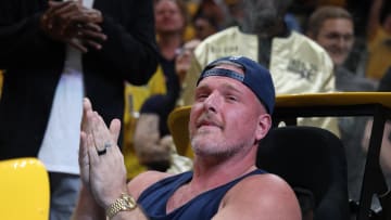 May 25, 2024; Indianapolis, Indiana, USA; ESPN sports analyst Pat McAfee reacts during the third quarter of game three of the eastern conference finals between the Boston Celtics and the Indiana Pacers in the 2024 NBA playoffs at Gainbridge Fieldhouse. Mandatory Credit: Trevor Ruszkowski-USA TODAY Sports