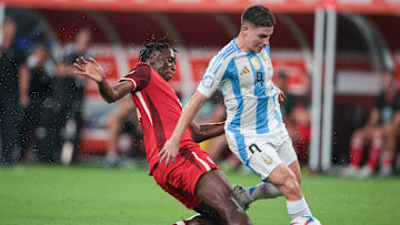 Jul 9, 2024; East Rutherford, NJ, USA; Argentina forward Julian Alvarez (9) plays the ball against Argentina forward Nicolas Gonzalez (15) during the first half at Metlife Stadium. Mandatory Credit: Vincent Carchietta-Imagn Images