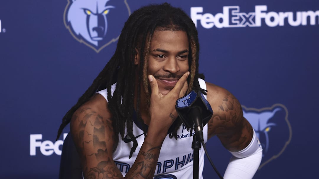 Sep 29, 2025; Memphis, TN, USA; Memphis Grizzlies guard Ja Morant speaks to media during a press conference on media day at FedEx Forum.