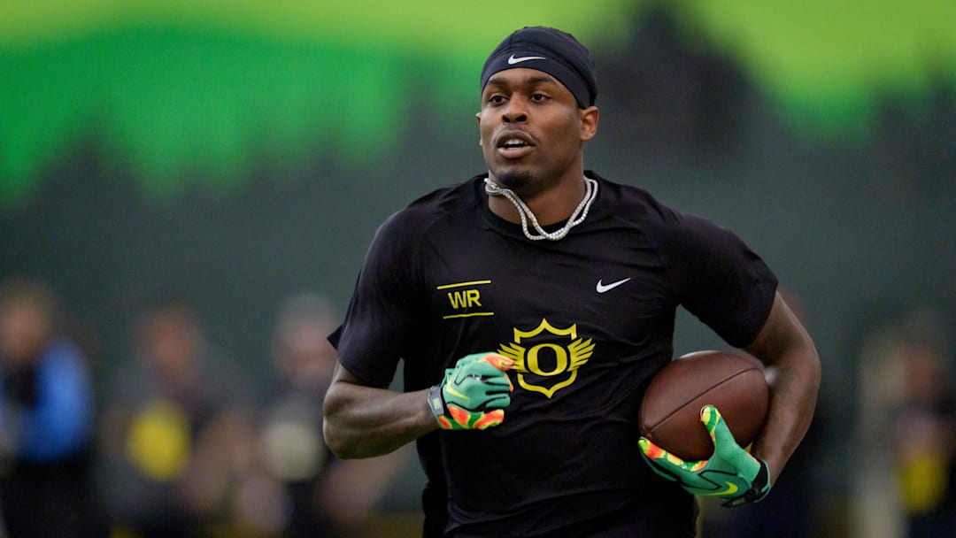 Oregon wide receiver Malik Benson carries the ball during Oregon Pro Day on March 17, 2026, at the Moshofsky Center in Eugene, Oregon.