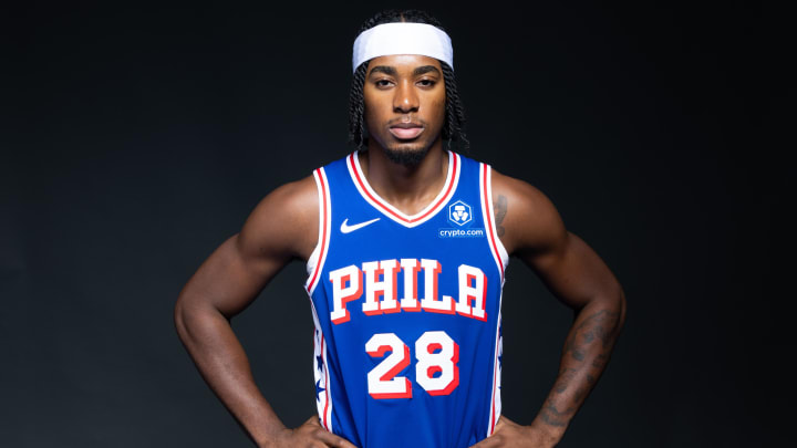 Oct 2, 2023; Camden, NJ, USA; Philadelphia 76ers guard David Duke Jr. (28) poses for a photo during media day at Philadelphia 76ers Training Complex. Mandatory Credit: Bill Streicher-USA TODAY Sports