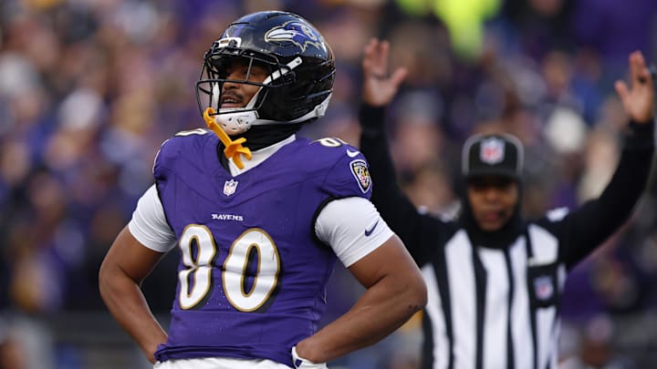 Dec 7, 2025; Baltimore, Maryland, USA; Baltimore Ravens tight end Isaiah Likely (80) reacts after scoring a touchdown against the Pittsburgh Steelers during the second half at M&T Bank Stadium. Mandatory Credit: Peter Casey-Imagn Images