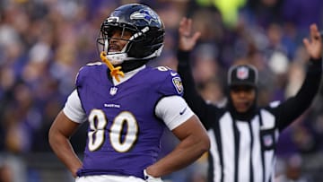 Dec 7, 2025; Baltimore, Maryland, USA; Baltimore Ravens tight end Isaiah Likely (80) reacts after scoring a touchdown against the Pittsburgh Steelers during the second half at M&T Bank Stadium. Mandatory Credit: Peter Casey-Imagn Images