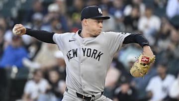 Aug 28, 2025; Chicago, Illinois, USA;  New York Yankees pitcher Will Warren (98) delivers during the first inning against the Chicago White Sox at Rate Field. Mandatory Credit: Matt Marton-Imagn Images