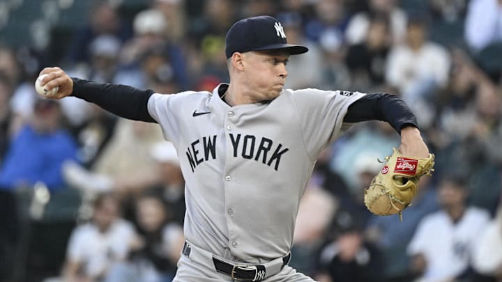 Aug 28, 2025; Chicago, Illinois, USA;  New York Yankees pitcher Will Warren (98) delivers during the first inning against the Chicago White Sox at Rate Field. Mandatory Credit: Matt Marton-Imagn Images