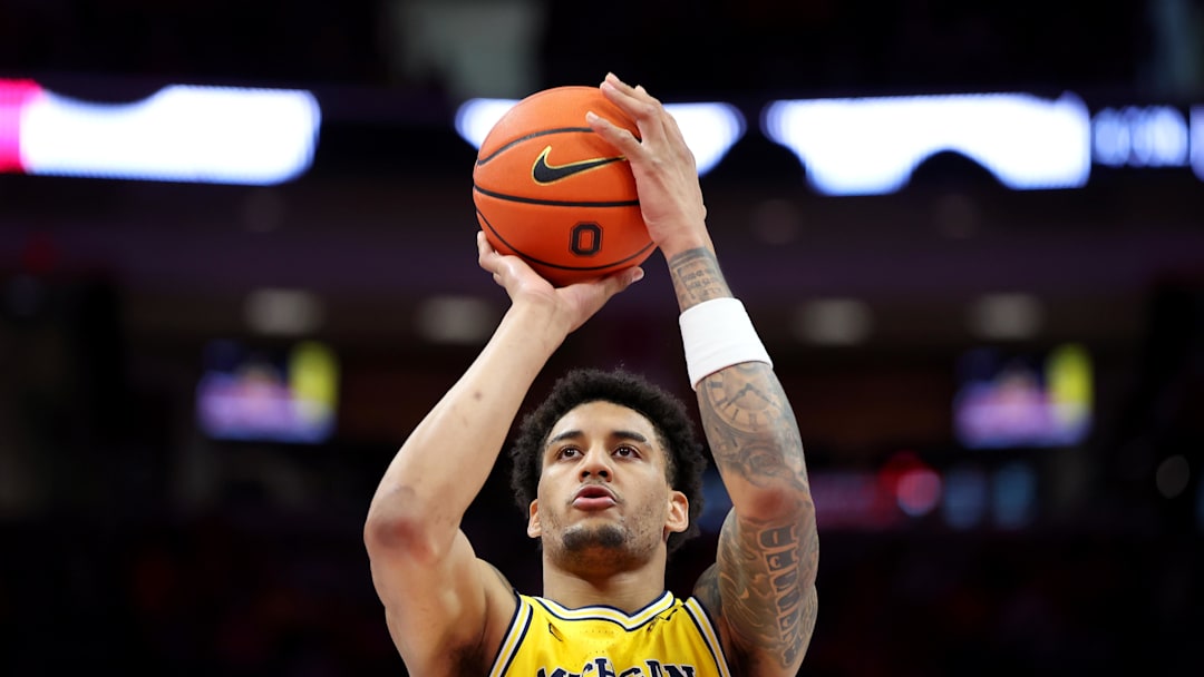 Feb 8, 2026; Columbus, Ohio, USA;  Michigan Wolverines forward Yaxel Lendeborg (23) shoots a free throw during the first half against the Ohio State Buckeyes at Value City Arena. Mandatory Credit: Joseph Maiorana-Imagn Images