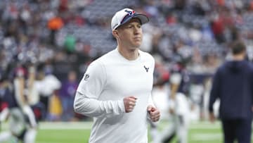 Houston Texans offensive coordinator Bobby Slowik before an AFC wild card game against the Cleveland Browns at NRG Stadium in the 2023 season.