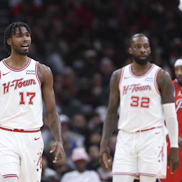 Dec 29, 2023; Houston, Texas, USA; Houston Rockets forward Tari Eason (17) reacts after a call during the fourth quarter against the Philadelphia 76ers at Toyota Center. Mandatory Credit: Troy Taormina-Imagn Images