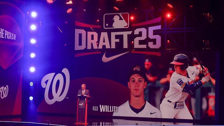 Jul 13, 2025; Atlanta, GA, USA; Eli Willits is drafted by the Washington Nationals with the first pick during the first round of the MLB Draft at The Coca-Cola Roxy. Mandatory Credit: Brett Davis-Imagn Images
