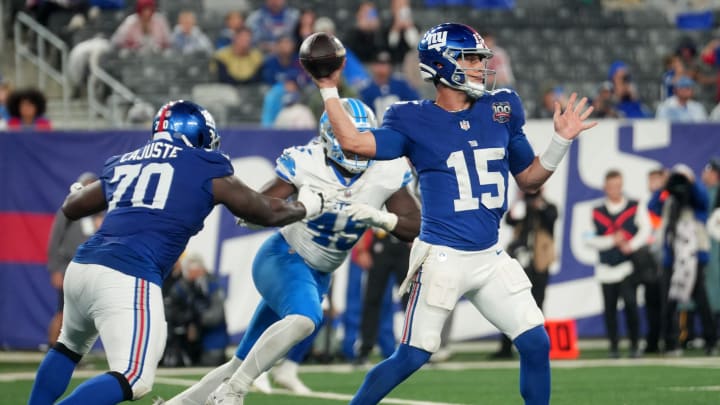 New York Giants quarterback Tommy DeVito (15) gets ready to throw the ball during the fourth quarter, Thursday, August 8 2024, in East Rutherford.