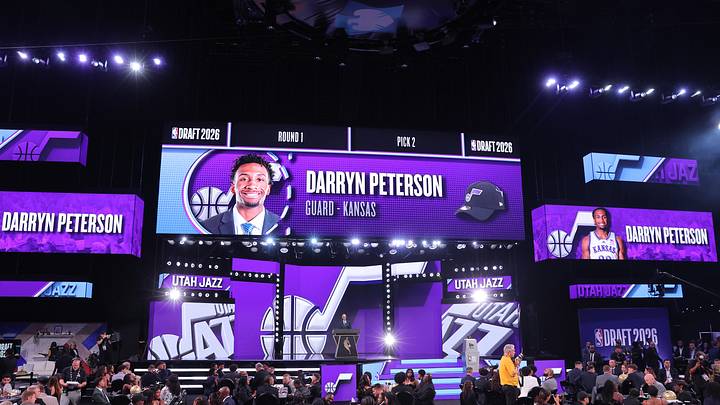 Jun 23, 2026; New York, NY, USA; NBA commissioner Adam Silver announces the second pick in the 2026 NBA draft, Kansas guard Darryn Peterson after he was selected by the Utah Jazz at Barclays Center. Mandatory Credit: Brad Penner-Imagn Images